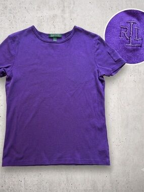 Vintage 90s Lauren Ralph Lauren Purple Sleeve Pocket Tee Top Small S